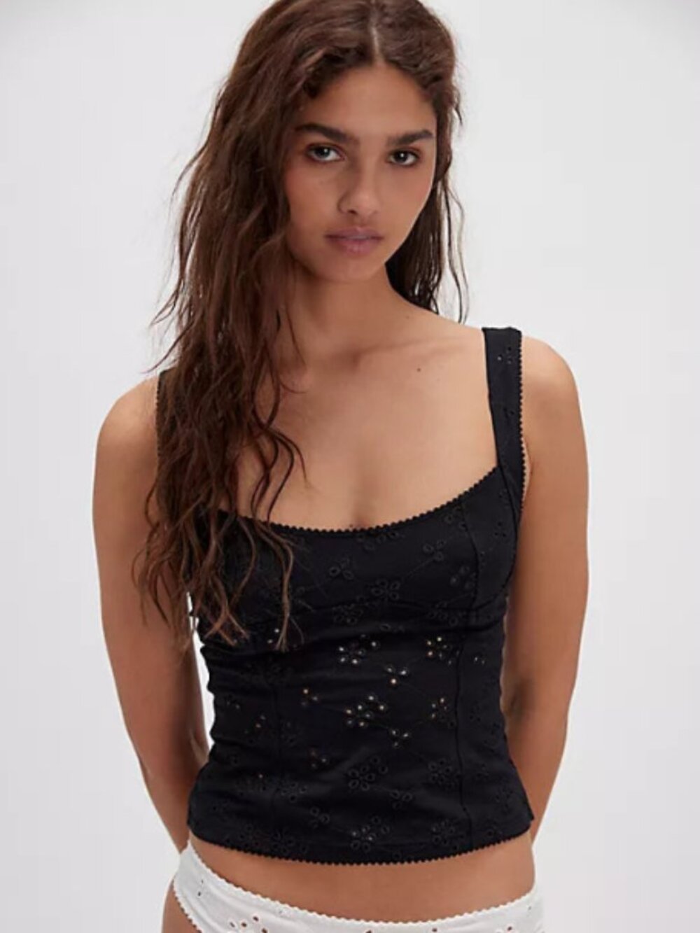 Free People Full Bloom Cotton Eyelet Cami in Black